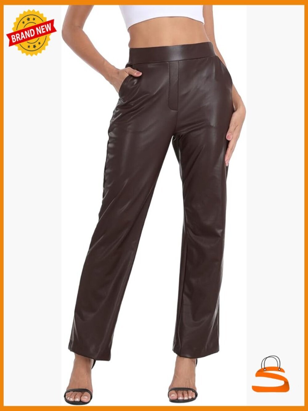 High Waist Faux Leather Flare Pants with Pockets Pull On
